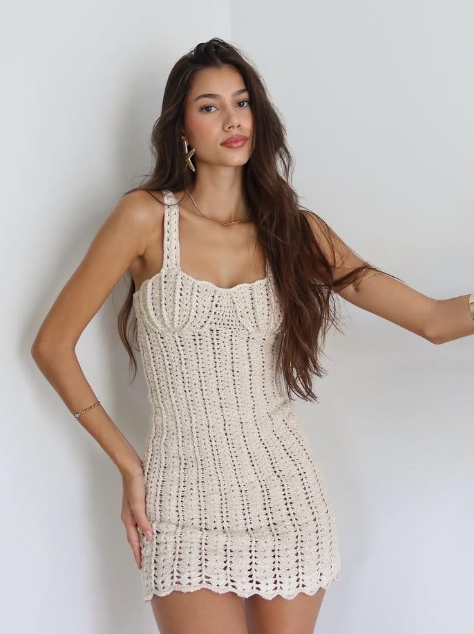 Pearls Crochet Mesh Mini Dress