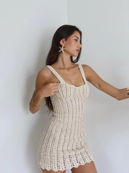 Pearls Crochet Mesh Mini Dress