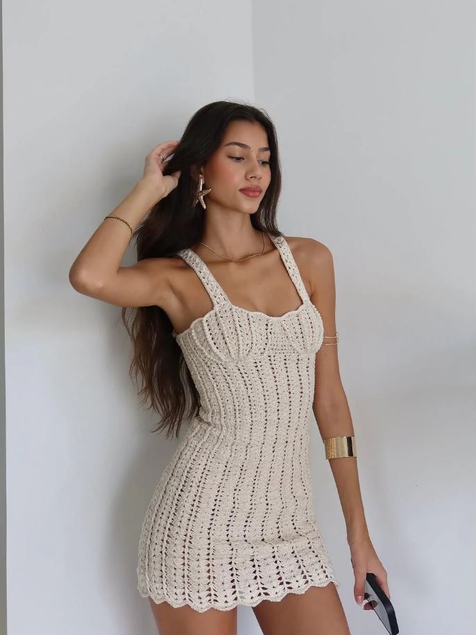 Pearls Crochet Mesh Mini Dress